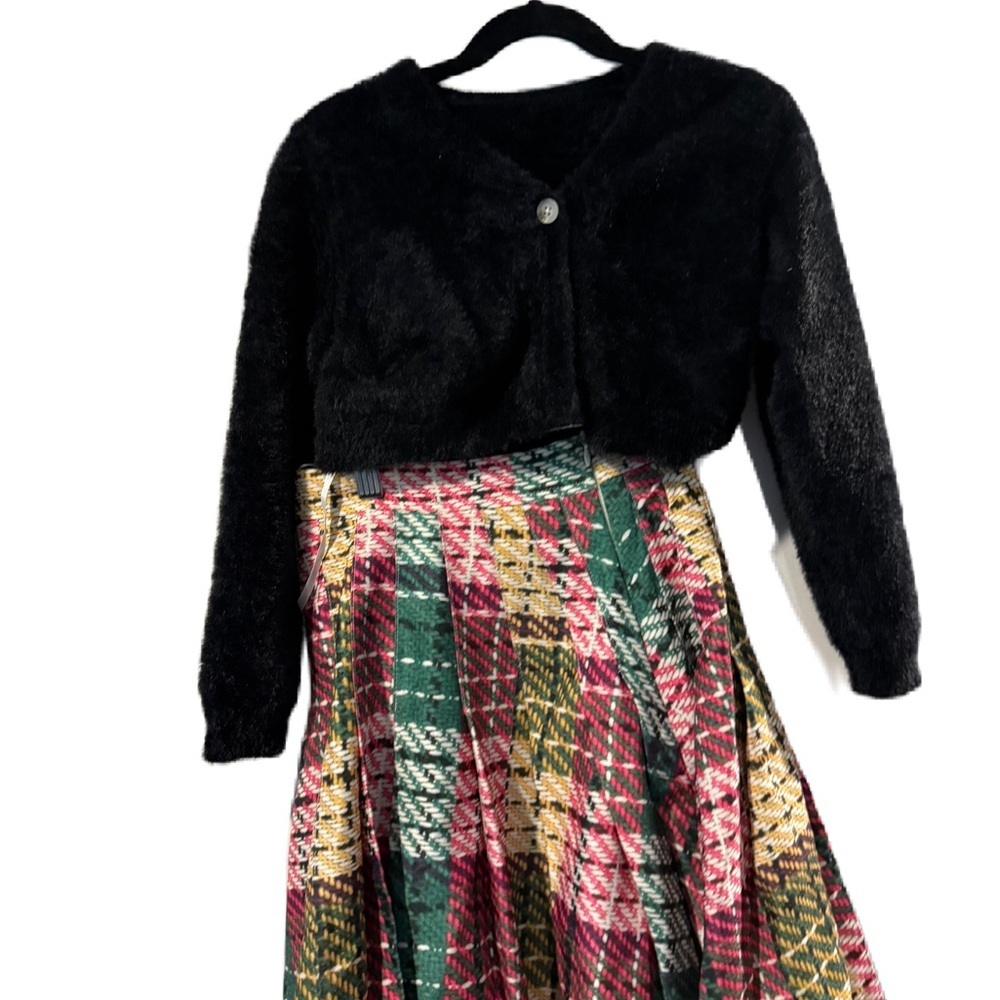 Black Fuzzy Cardigan with Plaid Skirt